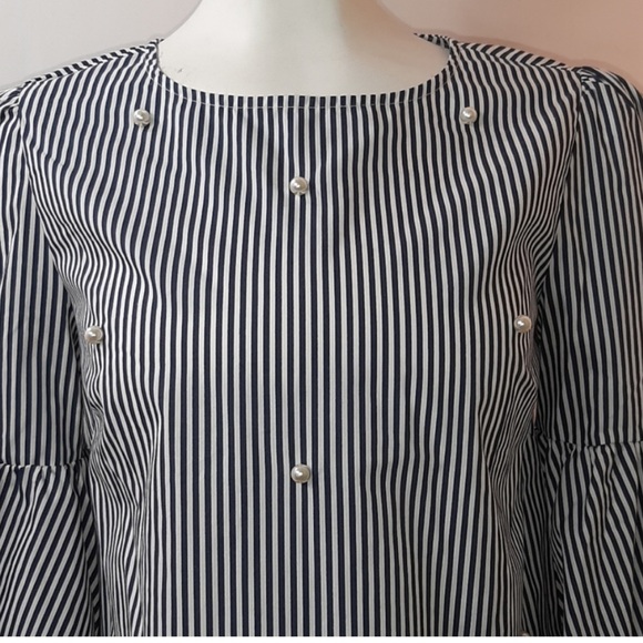 Philosophy Navy Striped Bell Sleeve Blouse With Pearls M - Picture 3 of 8